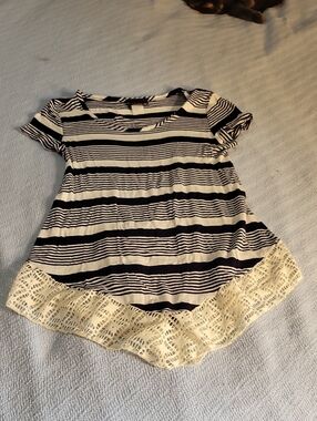 Discreet Navy and White Striped Short Sleeve Top with Cream Lace Trim